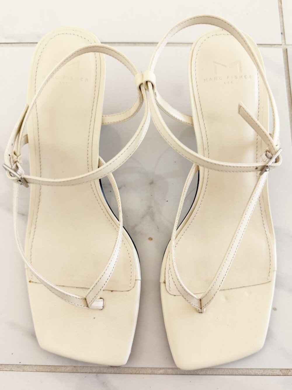 Marc Fisher LTD Calinda Beige Nude Leather Square Toe Kitten Heel Sandal 8.5M - Picture 2 of 11
